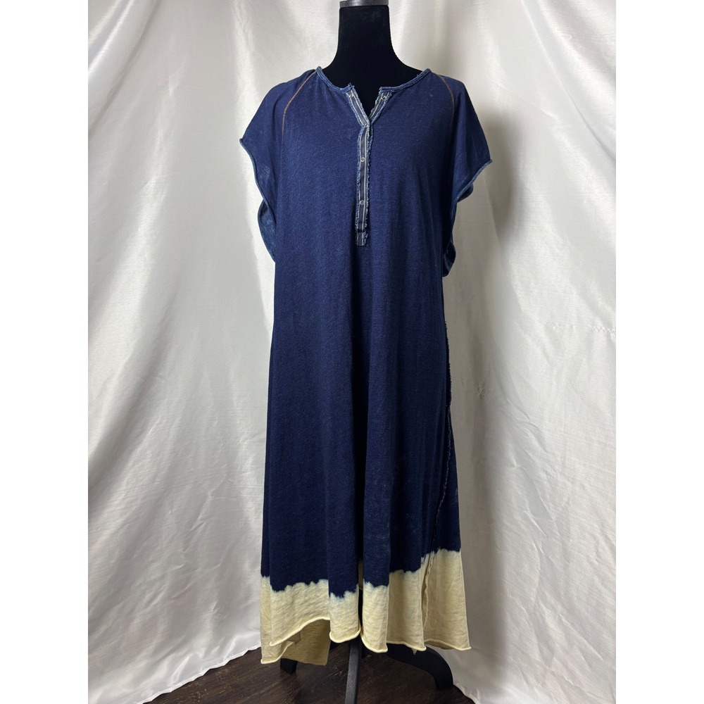 Burning Torch Maxi Dress Women Large Navy Blue Excellent Dip Dye Boho Henley